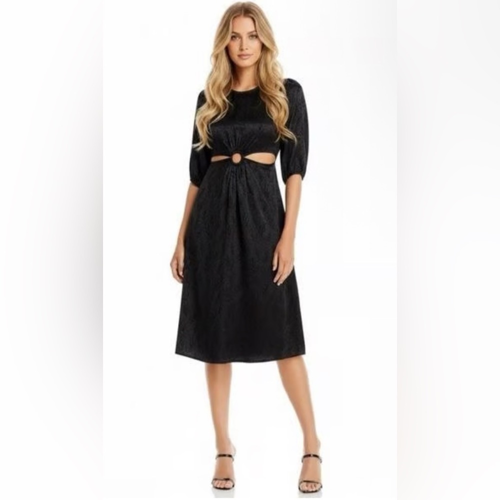Aqua Size Medium Black Floral Print Cut-Out Midi Dress